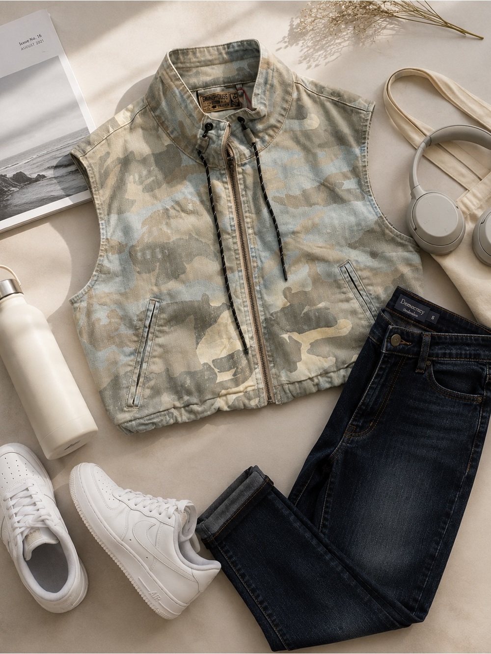Cropped Sleeveless Camo Zip Vest - Neutral Camo